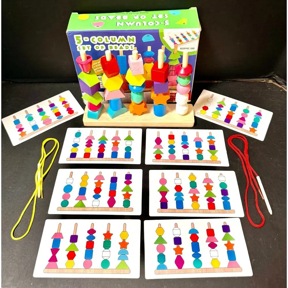 Montessori-style 5-Column Set of Beads wooden shape sorting and sequencing toy